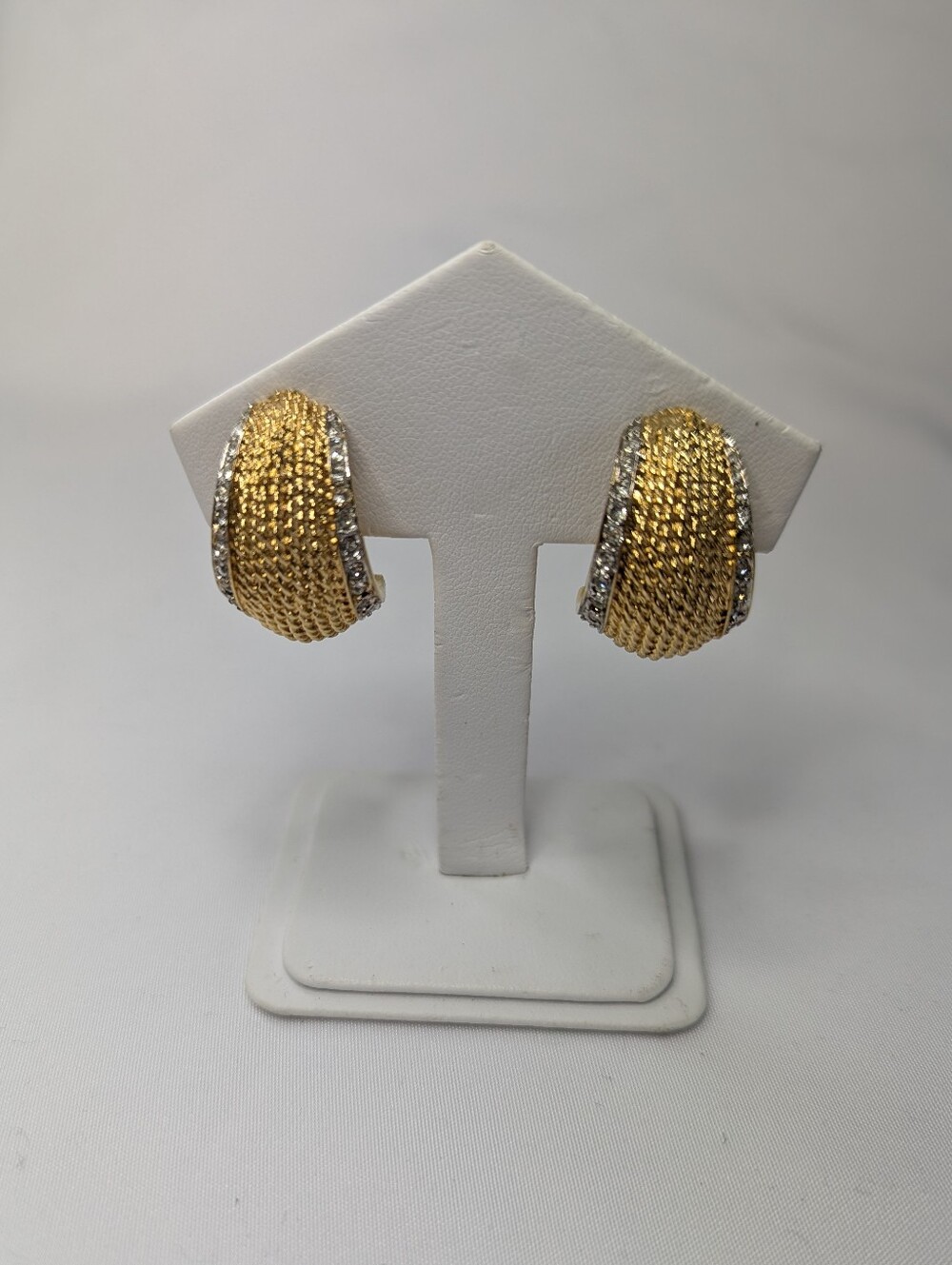 Signed D'Orlan Gold Tone Woven Drop Clip On Earrings with Crystal Accents
